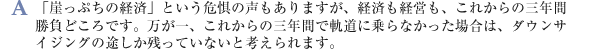 「崖っぷちの経済」という危惧の声もありますが、経済も経営も、これからの三年間が勝負どころです。万が一、これからの三年間で軌道に乗らなかった場合は、ダウンサイジングの途しか残っていないと考えられます。