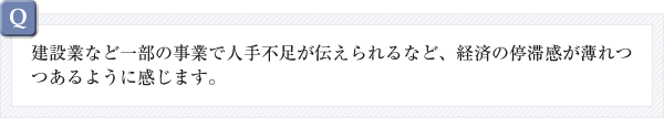 建設業など一部の事業で人手不足が伝えられるなど、経済の停滞感が薄れつつあるように感じます。