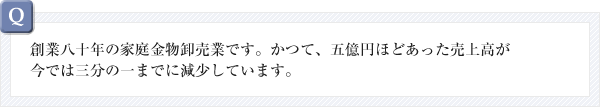 創業八十年の家庭金物卸売業です。かつて、五億円ほどあった売上高が今では三分の一までに減少しています。